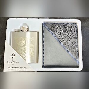 ROBERT GRAHAM STAINLESS STEEL FLASK AND LEATHER WALLET NEW IN BOX.